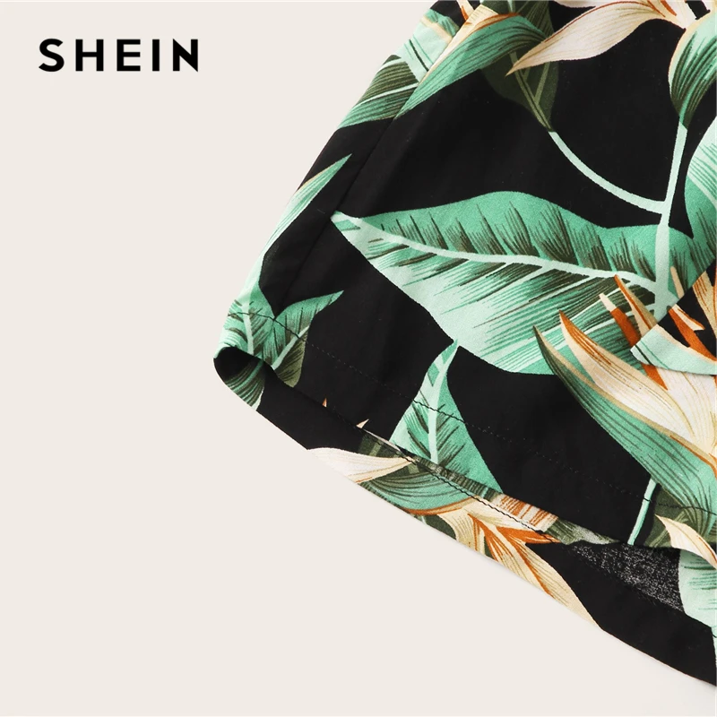 Женские пляжные шорты SHEIN многоцветные богемные с тропическим принтом и поясом