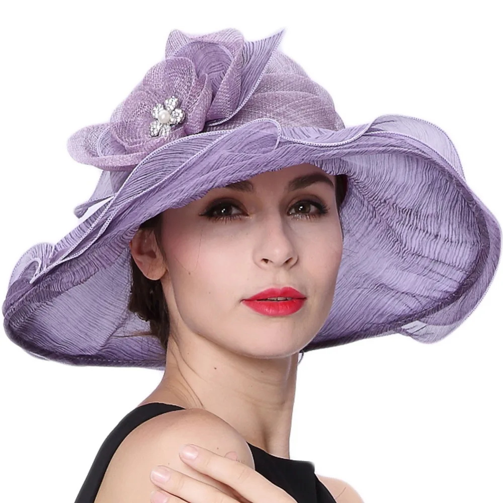 June's Young Free shipping Women Summer Hats Romantic Purple Color Silk