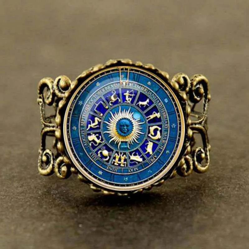 

2018 New Fashionable Vintage Blue Yin Yang Wicca Ring Novelty Zodiac Sign Jewelry Gift Glass Cabochon constellation sun god