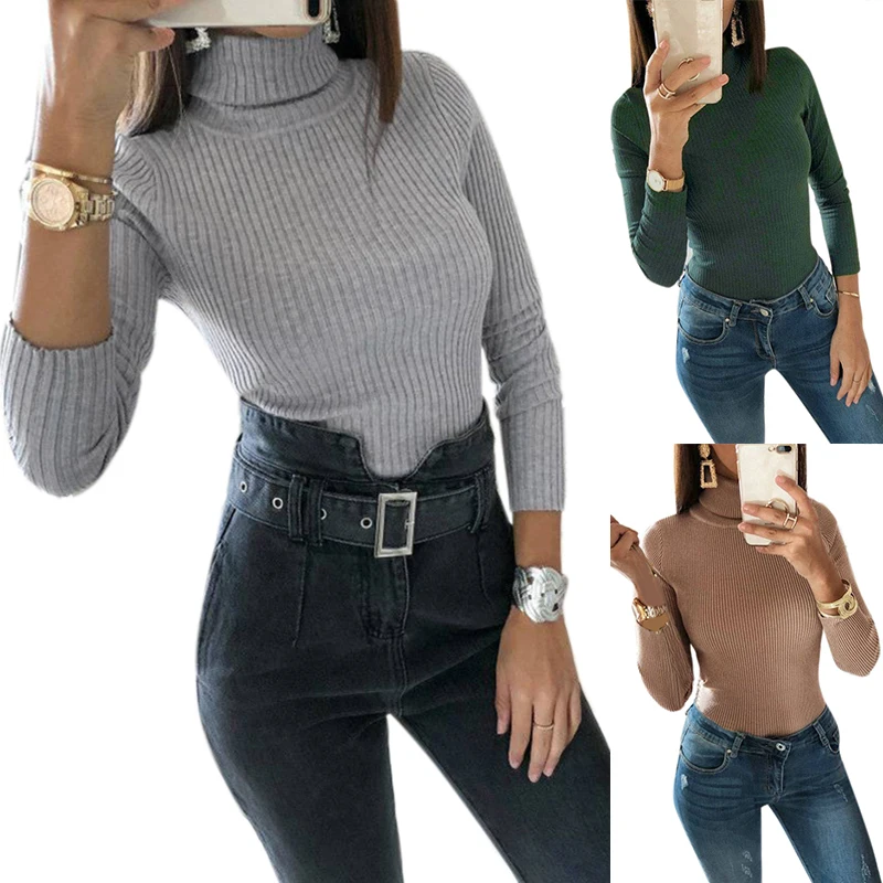 Women's Slim Bodysuits 2019 Autumn Winter Khaki Gray Green Body Suits Female Turtleneck Skinny Long Sleeve Knitted Tops Jumper