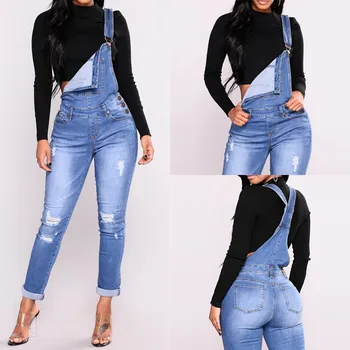

Fashion Overalls For Women Denim Rompers Ladies Jumpsuit Jeans Hole Women's With Holes In Their Straps Tight Calf Streetwear