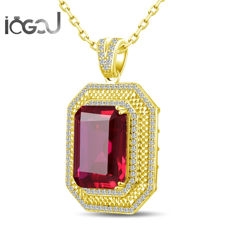 

IOGOU 925 Sterling Silver Rectangle Yellow Gold Color Pendants Red Sona Simulated Engagement Hip Hop Party Male Jewelry Gifts