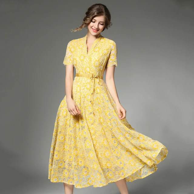 New Women Lace Dress Ladies Yellow Sexy Deep V Neck Dresses Short