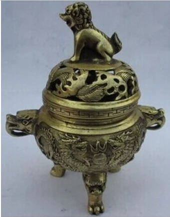 

B0601 404 China daming XuanDe years copper (lion Dragon) triangular censer statue
