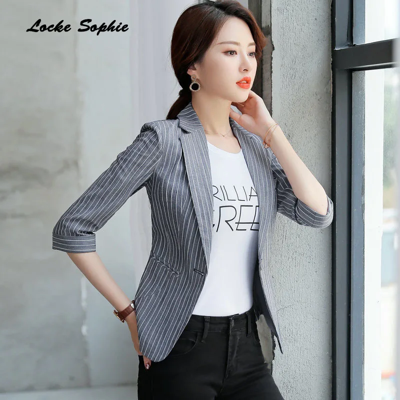 Women's Plus size Blazers coats 2019 Summer Fashion cotton Splicing stripe Small Suits jackets ladies Skinny Blazers Suits coats