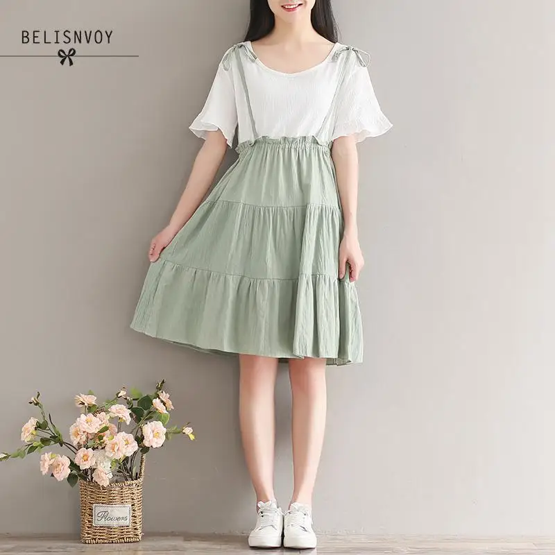 Mori Girl летнее милое платье, женские хлопковые платья с коротким рукавом, имитация двух частей, короткий рукав, зеленый цвет, милые женские платья