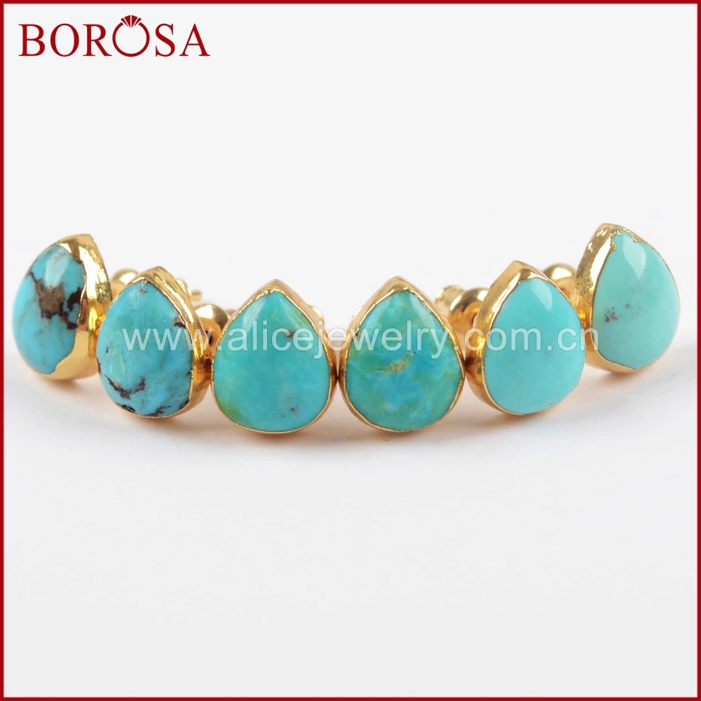 BOROSA, 5 пар, золотой цвет, натуральная бирюза, друза, серьги-гвоздики, Каплевидная форма, натуральный синий каменный друзовый, серьги для женщин G0433