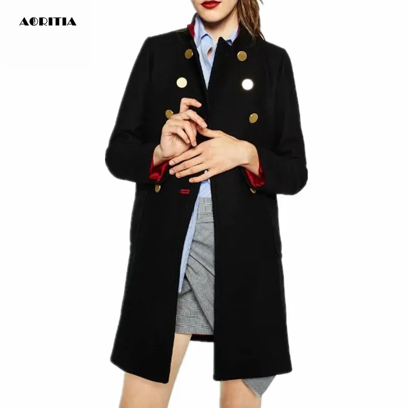 2016 Women Stand Collar Double Breasted Woolen Coat Long