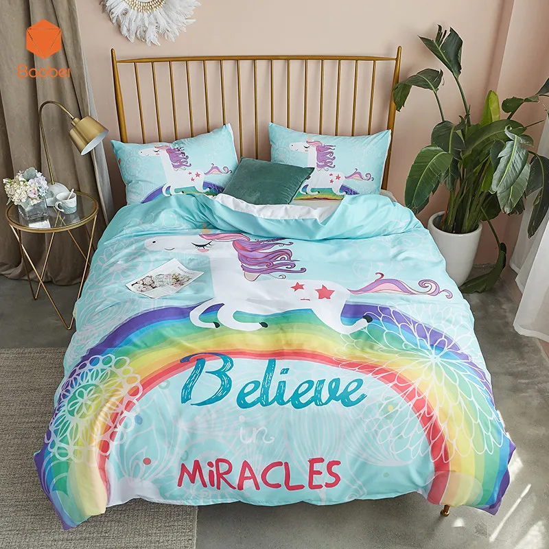 2/3Pcs Unicorn Bedding Set Believe Miracles Cartoon Single Bed Duvet Cover Animal for Kids Girls
