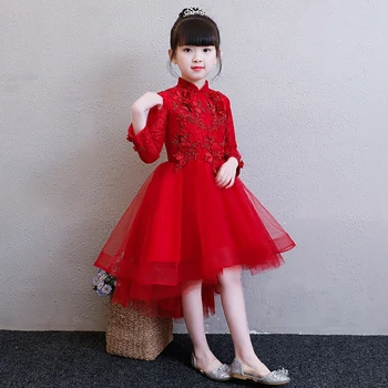

Girls Wedding Party Flowers Tail Dress Baby Birthday Dresses Princess Lace Children Formal Frocks Kids Party Clothes for Girl