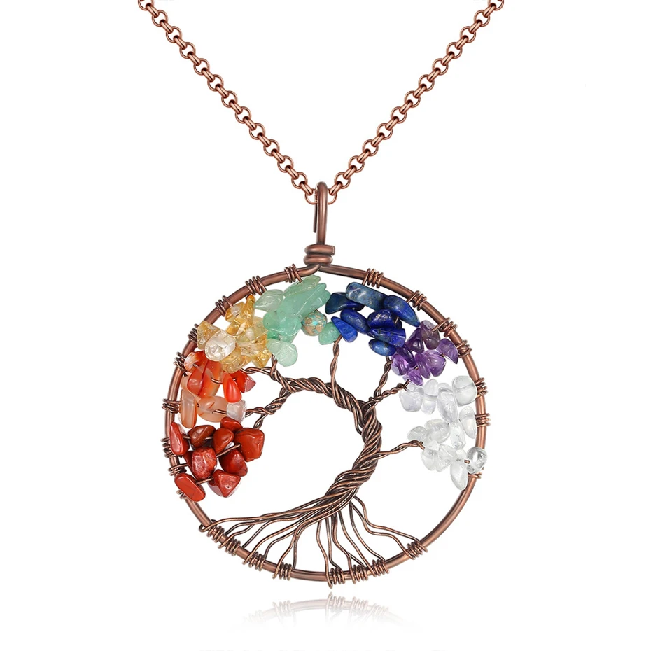 

EVERLEAD Tree Of Life pendant for women 7 Chakra Stone Chips Beads Tumbled Stone Wire Wrap Healing Chakra Pendant
