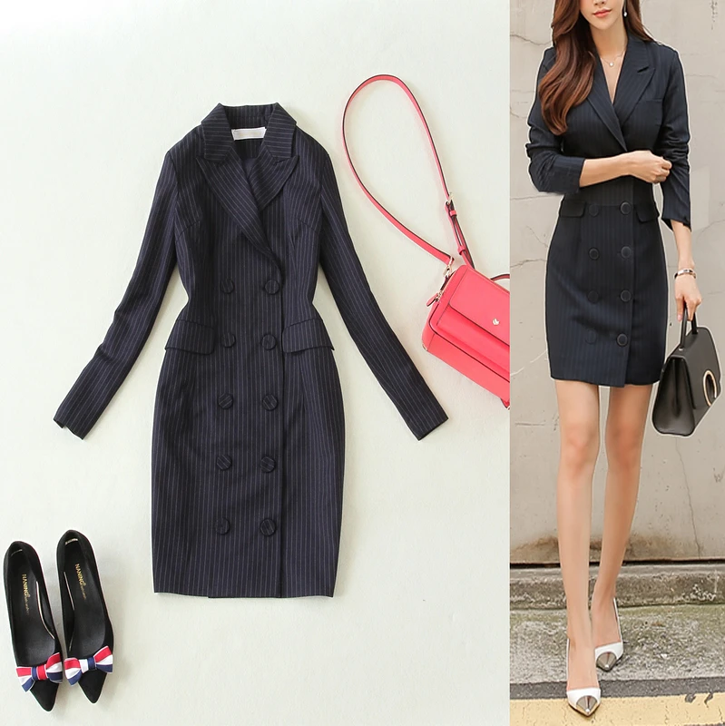 

Fashion elegant female slim dress spring and summer new slim large size female suit collar double-breasted jacket dress autumn