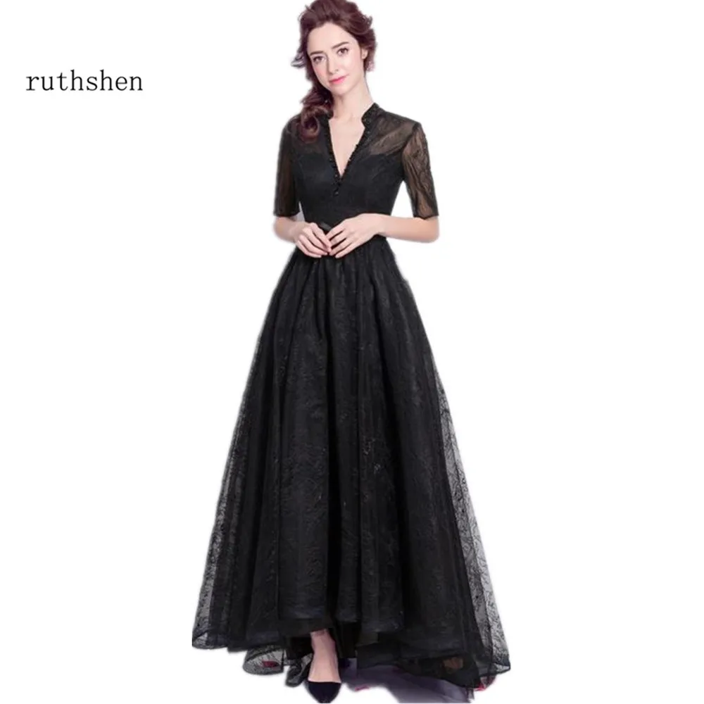 

ruthshen Black Evening Dresses 2018 Half Sleeves Lace Sexy V-Neck Long Prom Dress Cheap Ladies Formal Party Gowns