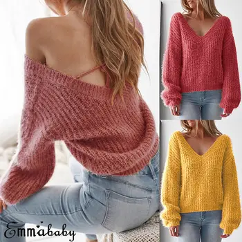 

Women Sweater V neck Knitted Long Sleeve Casual Loose Knit Ladies Top Sweaters Autumn Women Clothes Fashion