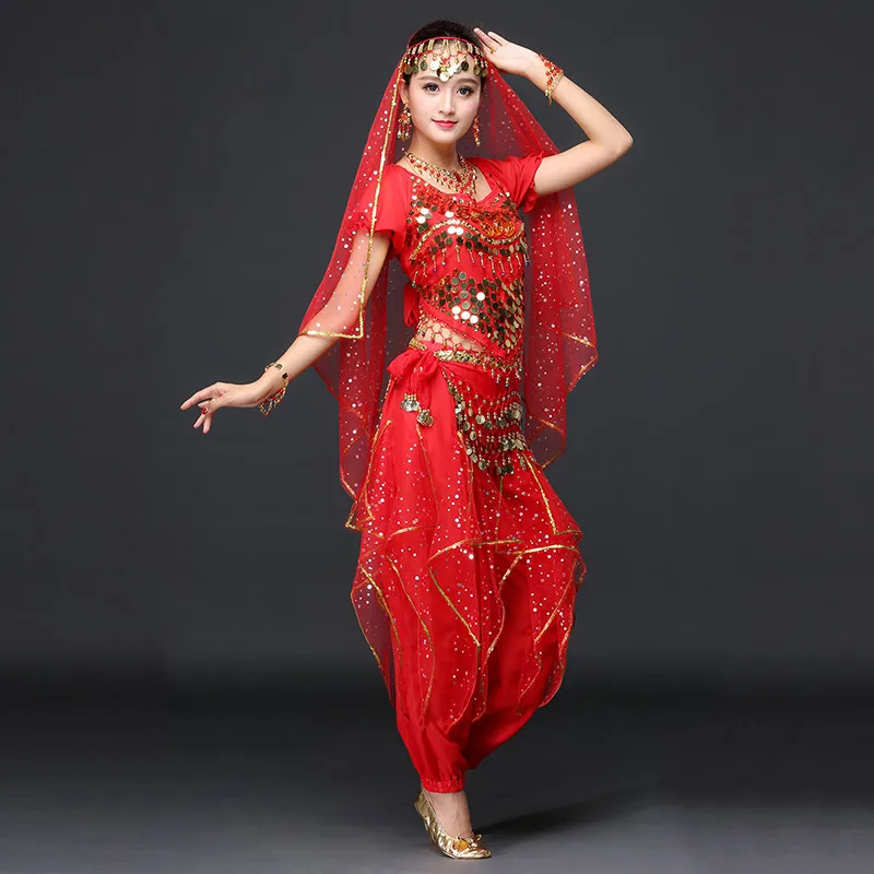 Женская Одежда для танцев сари танец живота костюм Болливуд индийские брюки костюм(включая Топ, пояс, брюки и вуаль - Цвет: red short sleeves
