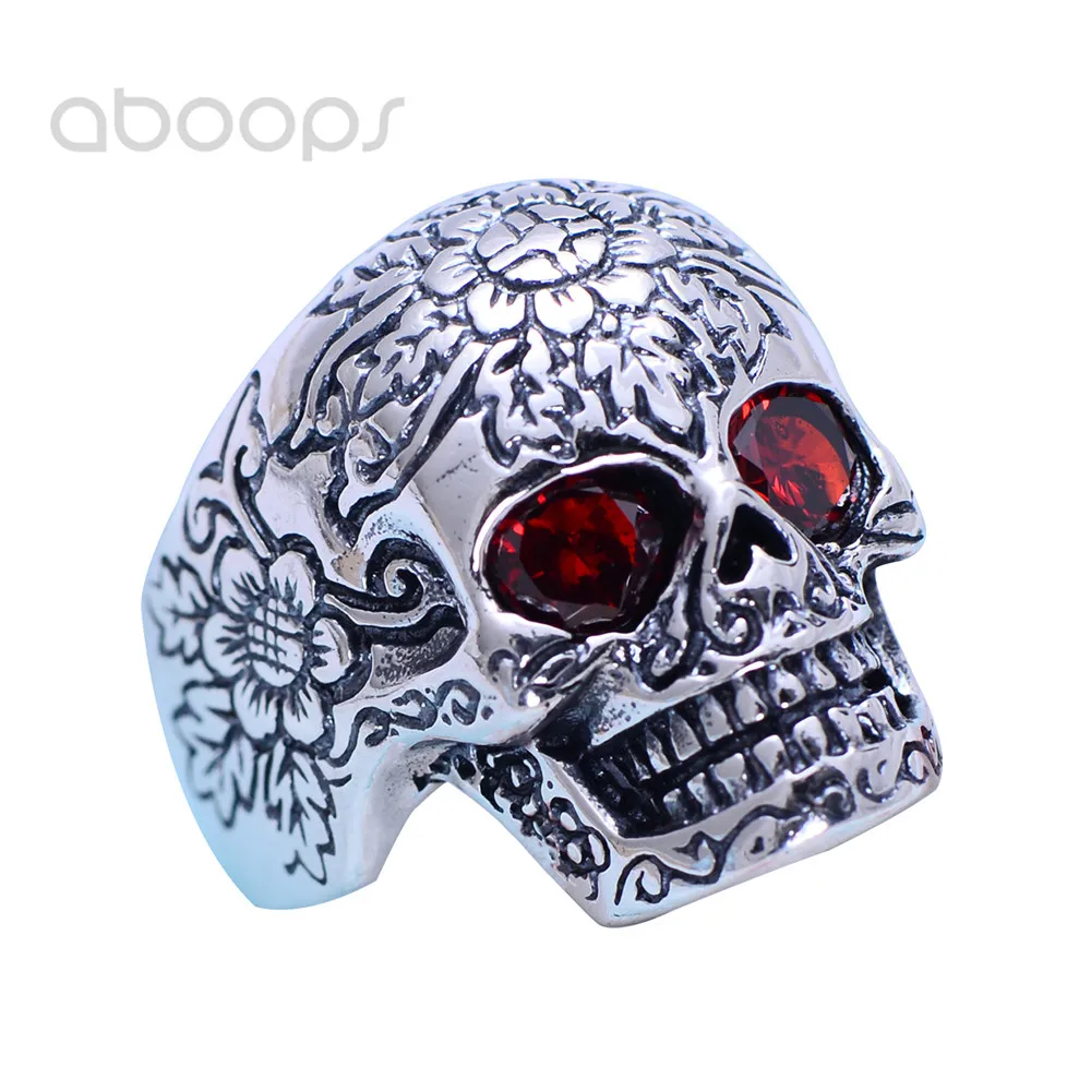 

Gothic Punk Real 925 Sterling Silver Biker Skull Ring Jewelry Inlaid Red Stone Eyes for Men Size 8.5 9 10 11 Free Shipping
