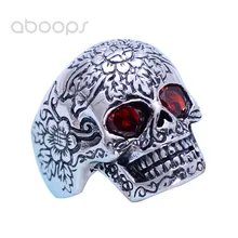 Gothic Punk Real 925 Sterling Silver Biker Skull Ring Jewelry Inlaid Red Stone Eyes for Men Size 8.5 9 10 11 Free Shipping linsion handmade 925 sterling silver mens biker rock punk blue cz eyes skull ring ta61 us size 7 15