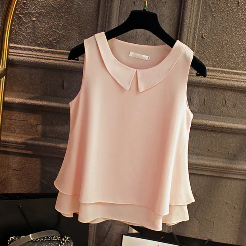 5XL Chiffon Elegant Turn Down Collar Women Shirts Large size Solid O Neck Summer Sleeveless Female Blouses 2019 Sweet Ladies Top