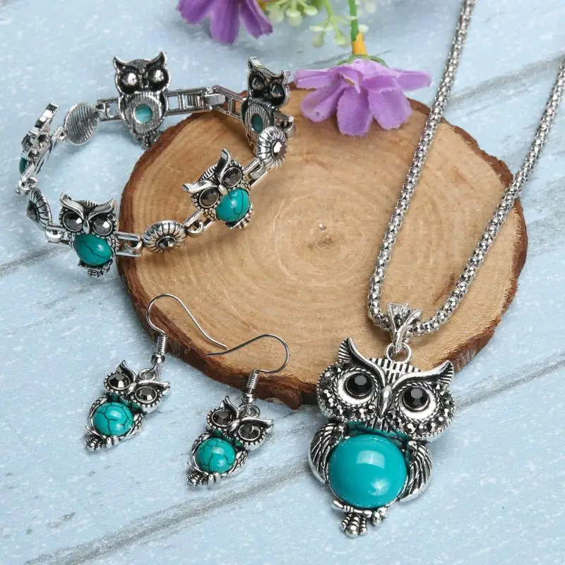 Black Sevenfly Girls Vintage Owl Jewelry Sets Retro Turquoise Gemstone Owl Pendant Necklace Drop Earrings Charm Bracelet Set