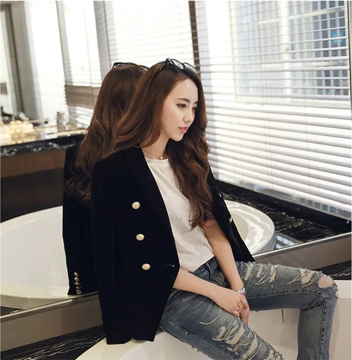 2016 New Spring Fashion Women Midnight Navy Slim Velvet Blazer Jacket Double Breasted simple Lady Blazers (25)