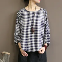 Johnature осенние хлопковые льняные Женские клетчатые футболки Синие новые повседневные женские футболки с круглым вырезом свободные винтажные футболки с рукавом девять