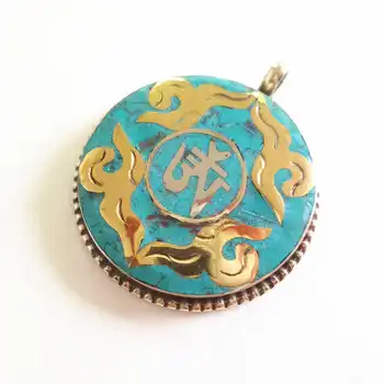 

Tibetan OM Amulet Pendant White Metal Copper Inlay Turquoises Round Pendants TBP153