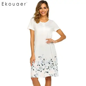 

Ekouaer Women Nightgown Sleepwear O-Neck Short Sleeve Hem Printed Loose Nightdress Female Chemise Night Dress Home Clothes