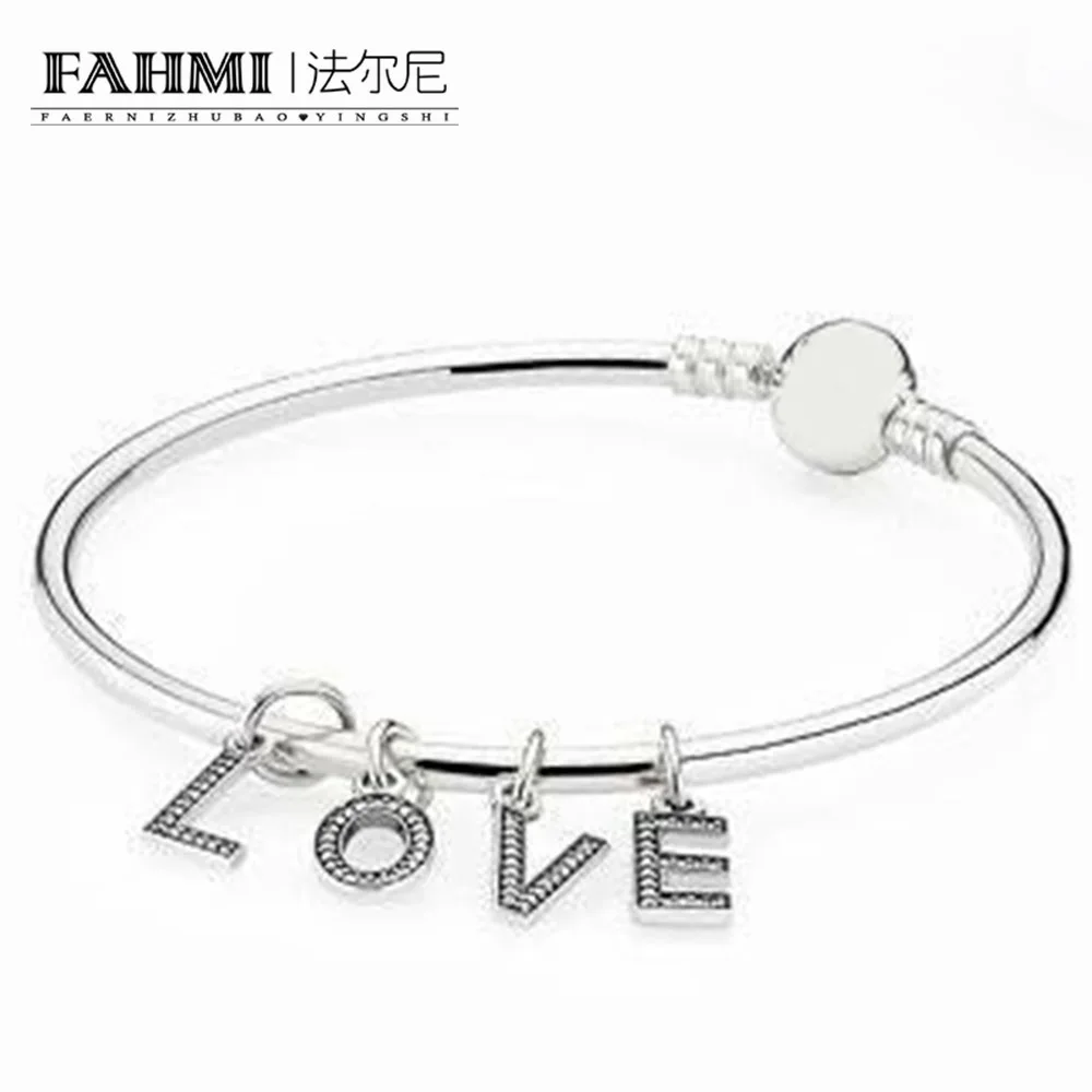 

FAHMI 100% 925 Sterling Silver 1:1 Letter dangle with cubic zirconia BANGLE BRACELET Love Romantic Valentine's Day Gift Set