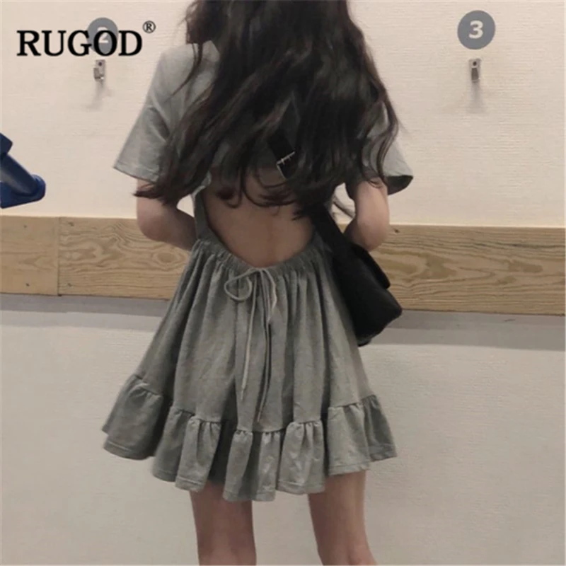 

RUGOD 2019 New Arrival Women Solid Backless Mini Dress O-neck Short Sleeves Ruffles A-line Vestidos Sweet Casual Cool платье
