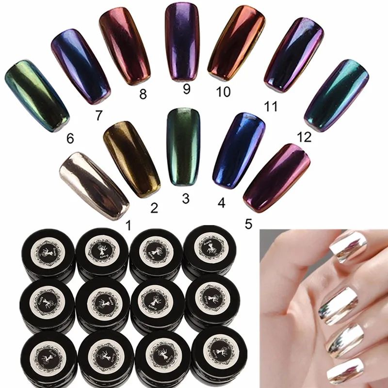 

12 Colors Magic Mirror Chrome Effect Metallic Powder Set Nail Art Additive Pigment Silver