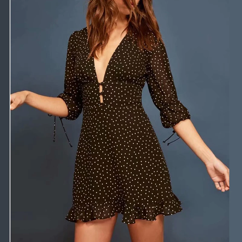 

Deep V-neck Three Quarter Elegant Women Empire A-line Mini Dress Early Spring Women Polka Dot Women Chiffon Elegant Dress