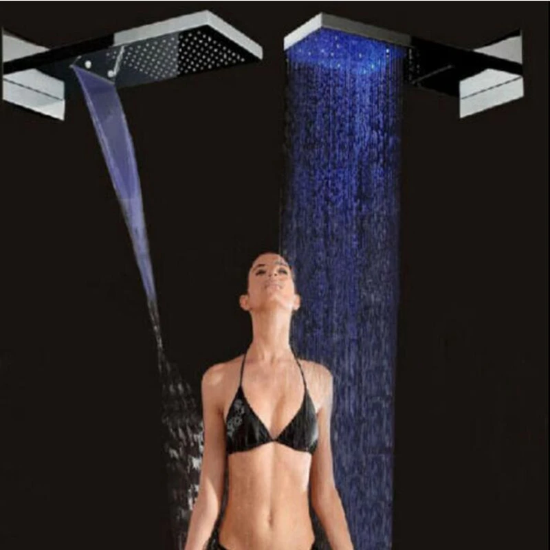 

LED Color Changing Square Rain Waterfall Shower Head Wall Mount Top Spray Shower
