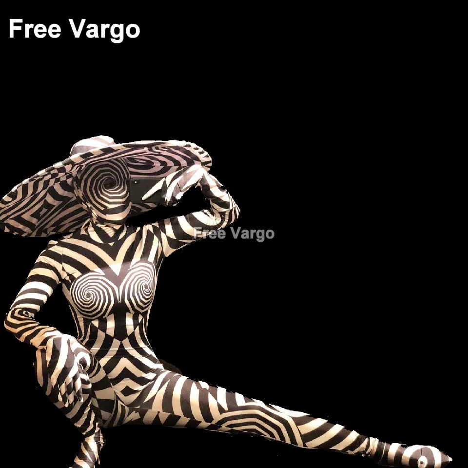 Sexy Singer Stage Wear Jumpsuit Printed Zebra Pattern Bodysuit Nightclub Party Show Dancewear Dj Costume For Women (With Hat)
