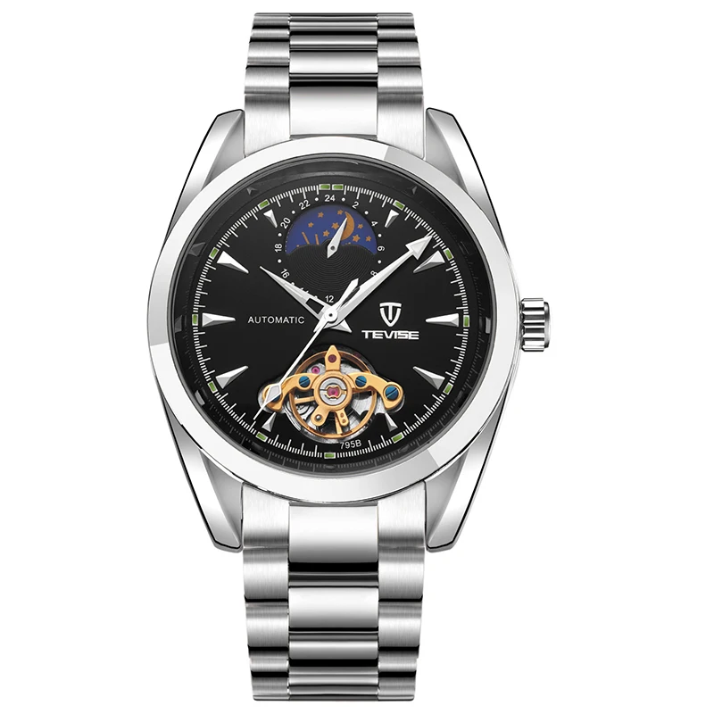 

Automatic waterproof Mechanical Watch Men Fashion moon phase wristwatch top quality mens famous Tourbillon hollow clock luxury