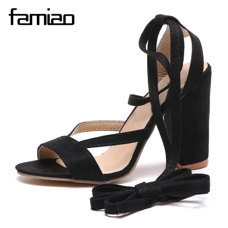

FAMIAO 2018 Sexy Women Pumps Open Toe Lace up Heels Sandals Woman sandals Thick with Women Shoes women High heels