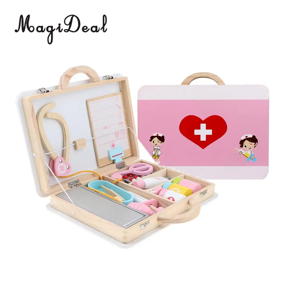 15 Pieces Wooden Medical Kits Box Carry Case Doctor Nurse Game Role Playing Set Kids Toy Educational