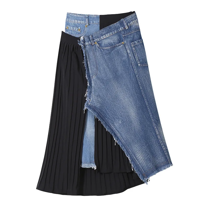 [EAM] джинсовая комбинированная плиссированная Асимметричная джинсовая юбка средней длины с высокой талией Черная Женская модная новая весенняя Осенняя JZ265 - Цвет: blue