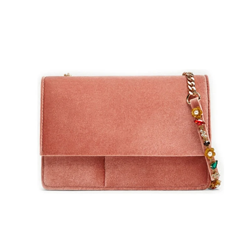 

Winter handbags 2018 new bags small square bag shoulder Beaded chain Messenger bag retro suede bag female