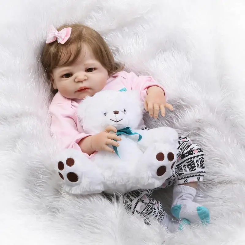 

55cm Full Body Silicone Reborn Baby Doll Toys With Bear Newborn Princess Girl Babies Toddler Dolls Birthday Gift Bathe Toy