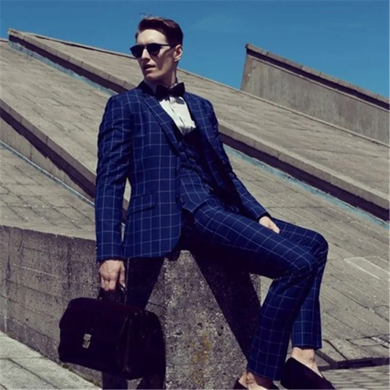 Royal-Blue-Plaid-Suits-Men-3-Pieces-Jacket-Pants-Vest-Tie-Formal-Pattern-Prom-Tuxedo-Gentle
