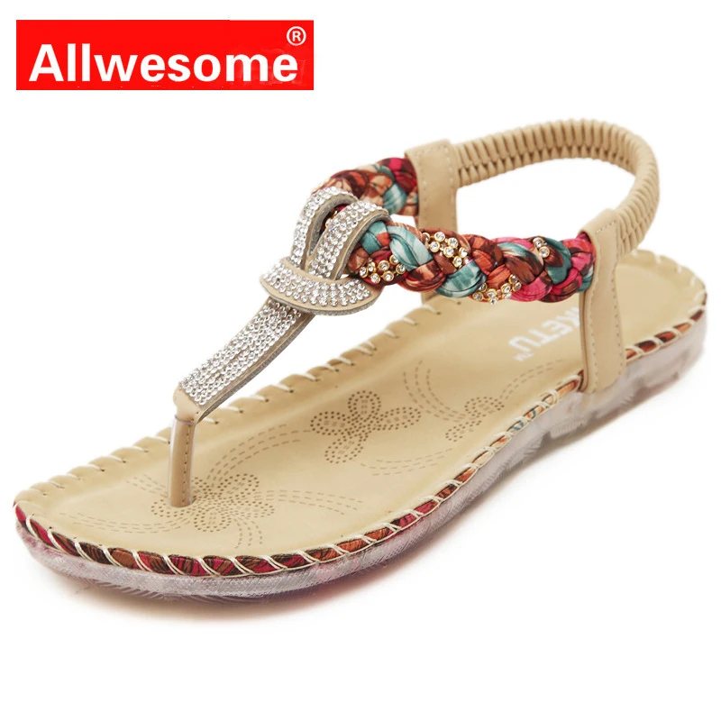 

Allwesome Women Shoes T-strap Buty Beach Thong Sandal Rhinestone Ladies Chunky Boho Dandals Women Flat Sandalias Mujer