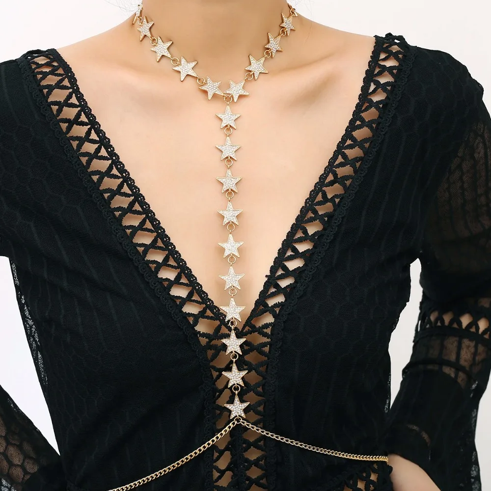 New Fashion Luxury Full Rhinestone Star Accessories Body Chain Maxi Sexy Punk Long Pendant Body