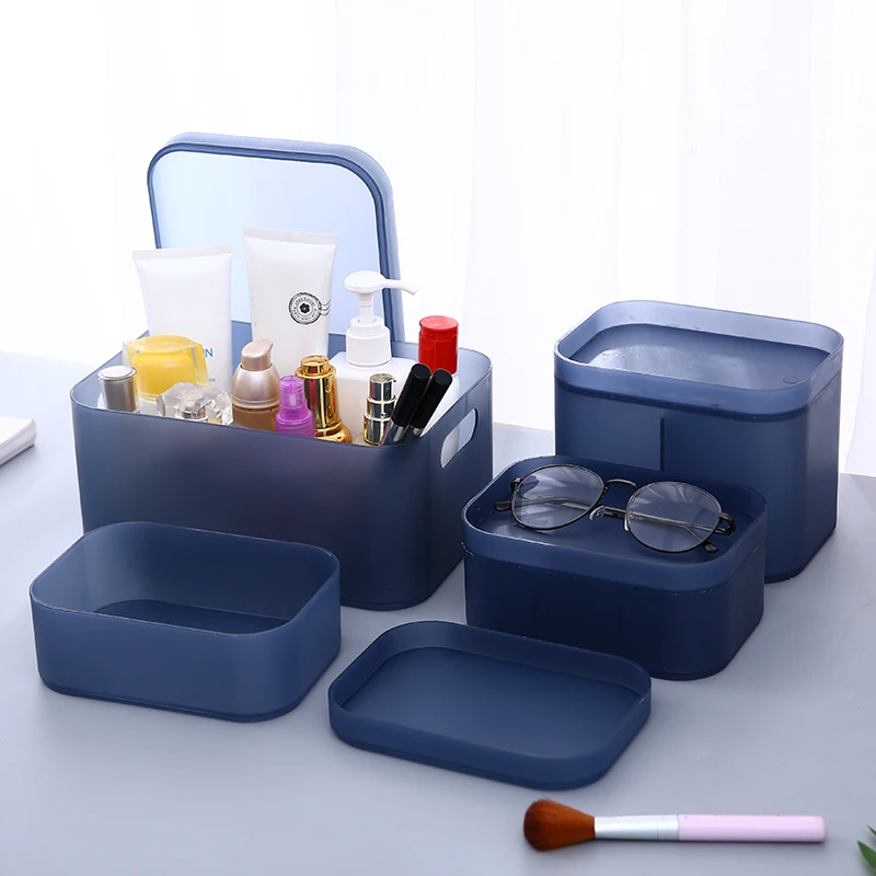 2PCs Large Dust-proof Office Storage Box With Lid Blue Key Pen Makeup Cosmetic Lipstick Sundries Container Articles Organizer
