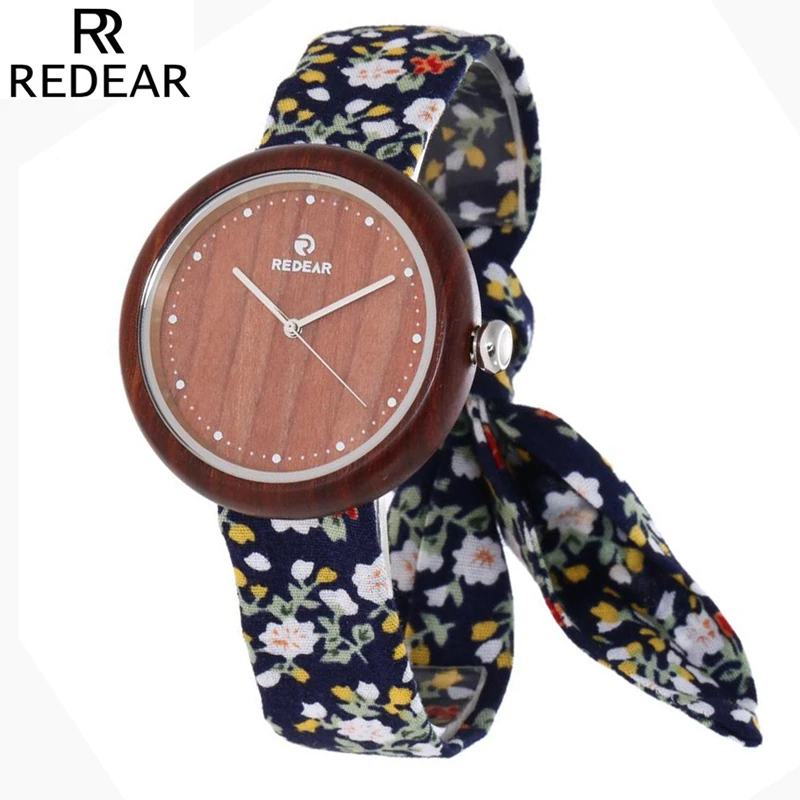 Kopen REDEAR Casual Vrouwen Quartz Horloges Analoge Natuurlijke Rode Sandelhout Case Horloge Stof Armband Horloges Montre Femme met doos
