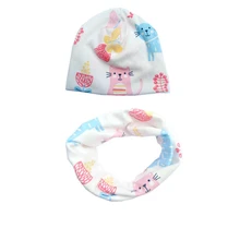 Осень Зима хлопок вязаный детский набор из шапки и шарфа мультфильм животных печати детей шапки девочек мальчиков шарф