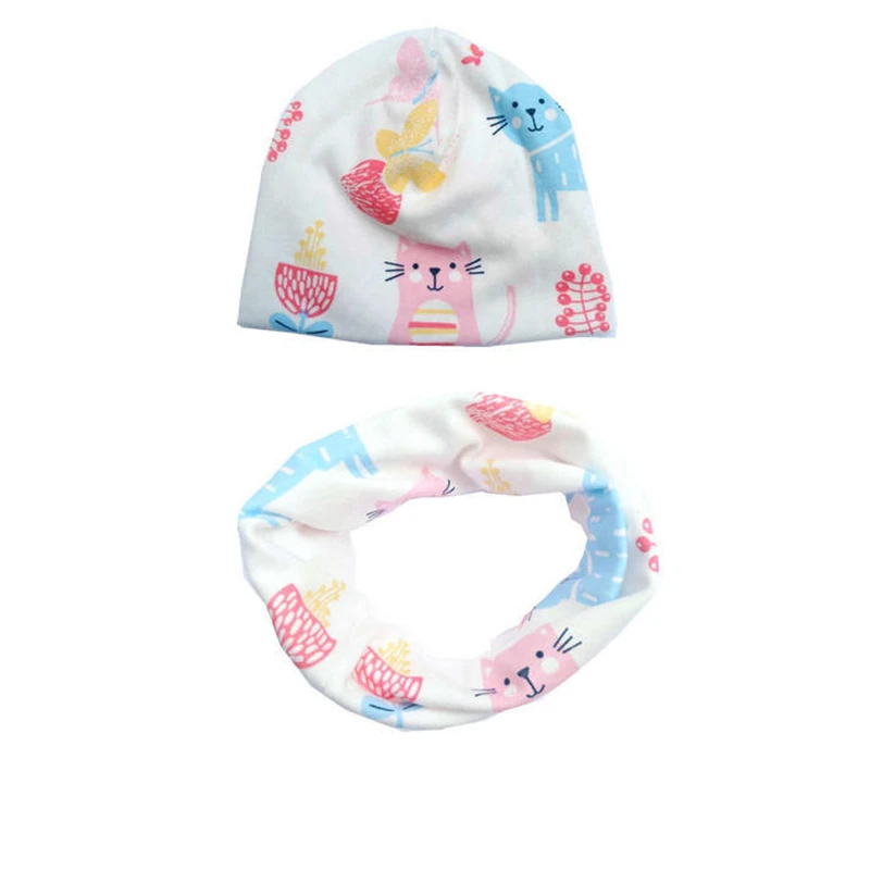 

Autumn Winter Cotton Knitted Baby Hat Scarf Set Cartoon Animal Print Children Hats Girls Boys Scarf Cap