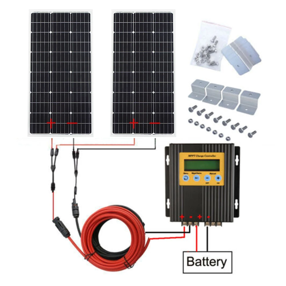 

ECOworthy 200W solar system: 2pcs 100W mono solar power panel& 20A MPPT controller& 5m black red cables Z charge FOR 12V battery
