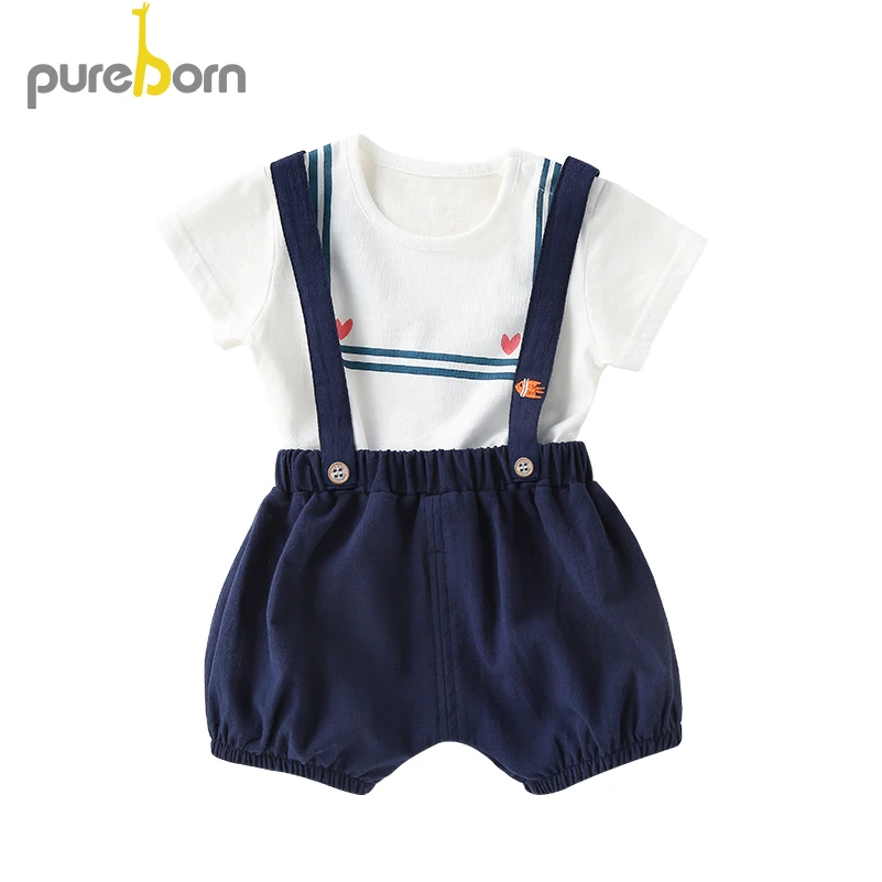 

Pureborn Kids Suspenders Pants+Tshirt 2 Pieces Navy Strap Overalls Baby Boys And Girls Clothes Children Short Trousers Summer