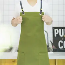 Green Canvas Bib Apron w/ Leather Strap Barber Barista Florist Cafe Bar BBQ Chef Uniform Carpenter Painter Gardener Workwear K10