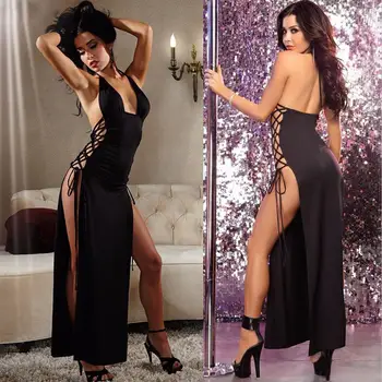 

MISSKY Women Sexy Deep V Halter Bandage High Split Long Dress Erotic Underwear
